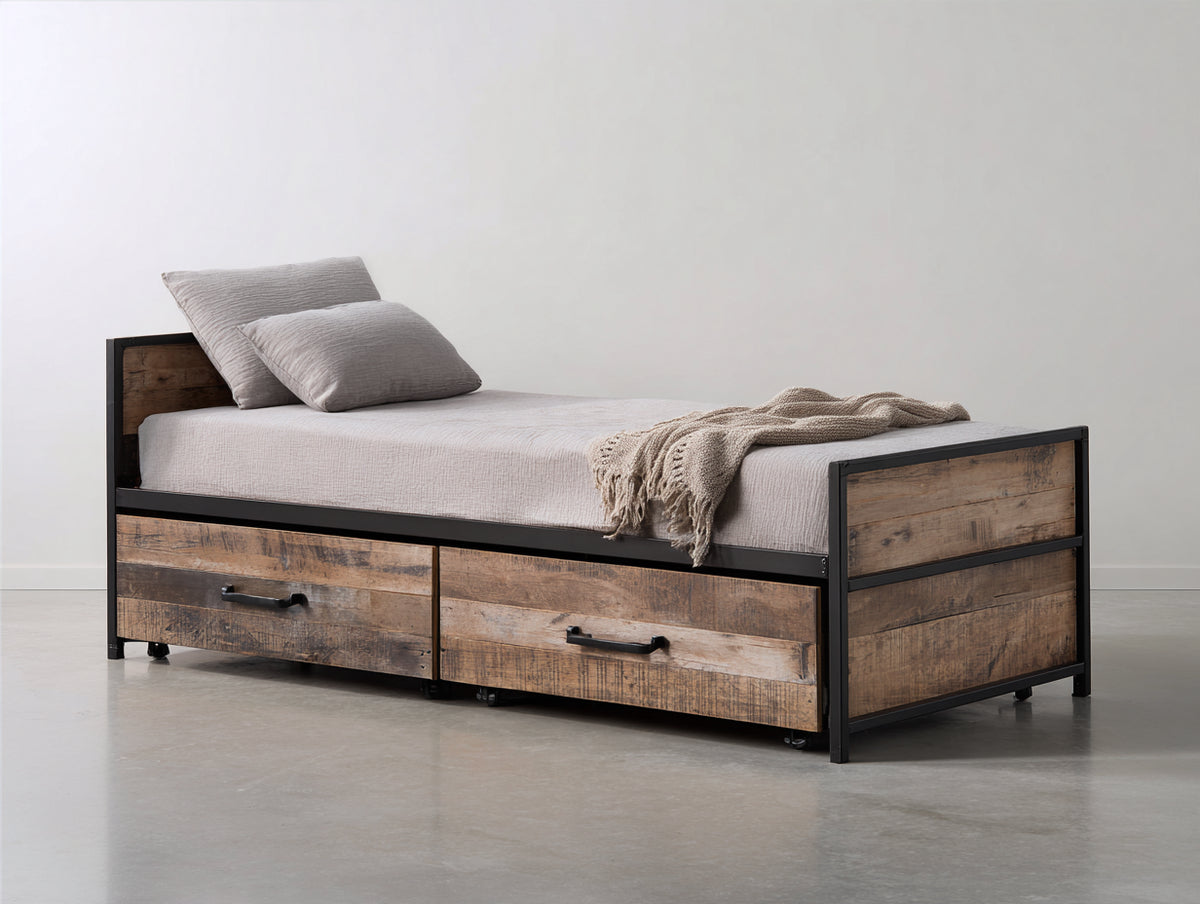 Letto singolo-Legno MDF-Metallo-200x90x100 cm-Marrone-Nero-Stile industriale