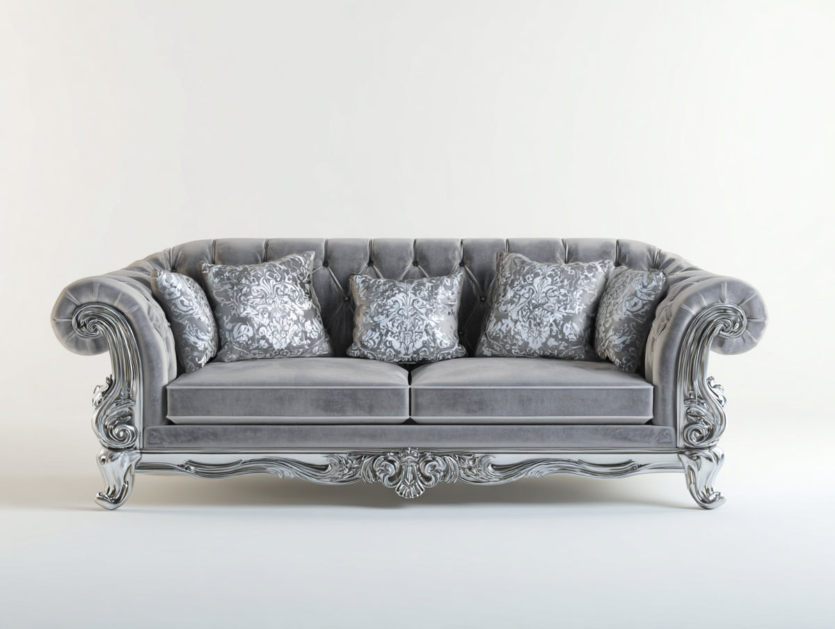 Divano lineare-Velluto-280x100x90 cm-Grigio-Design barocco