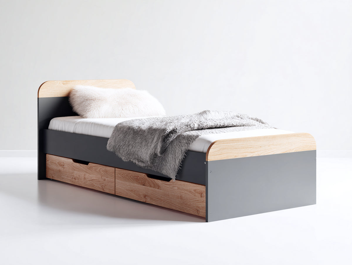 Letto singolo-Legno MDF-Metallo-200x90x100 cm-Grigio-Naturale-Stile moderno