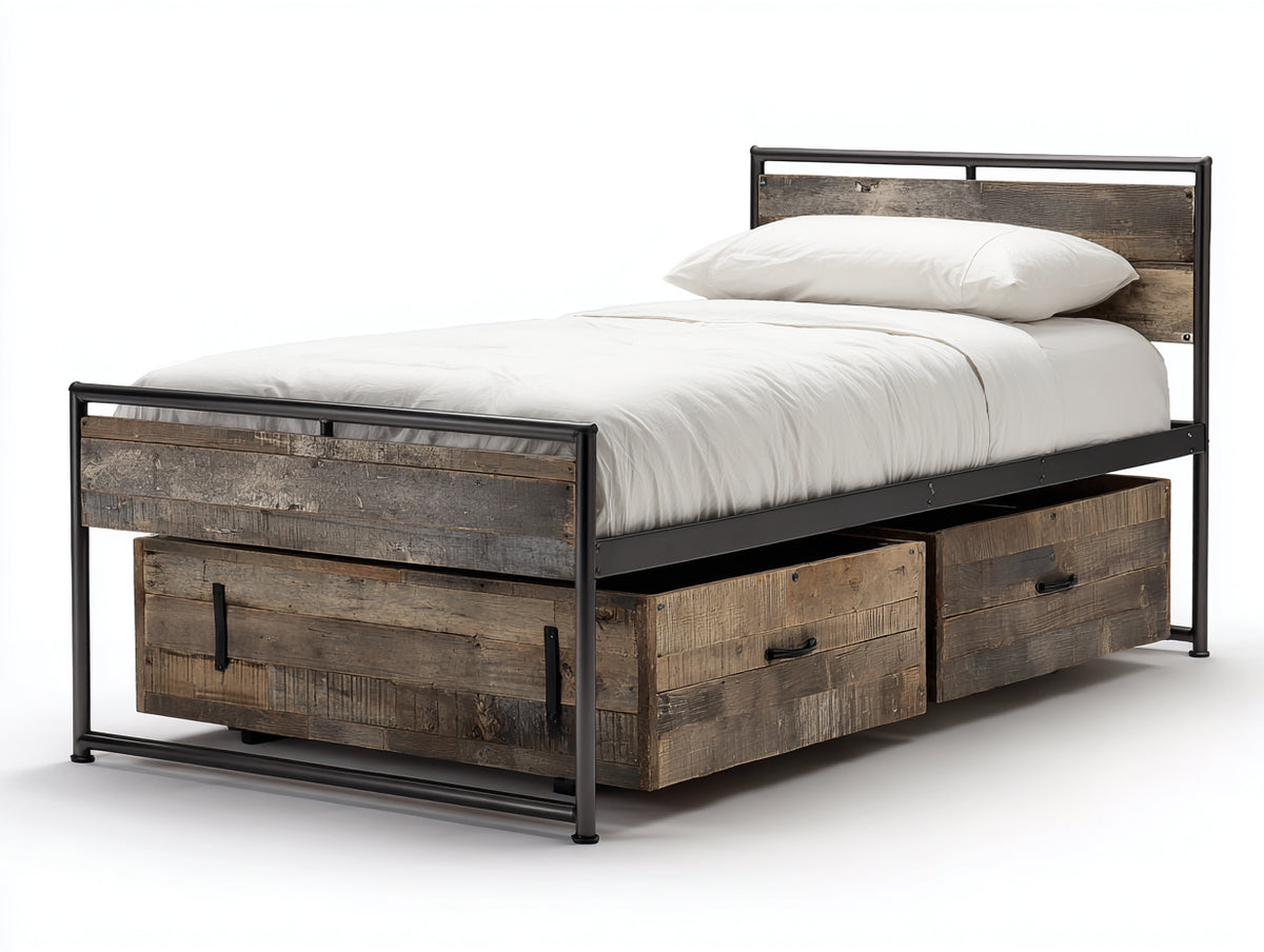 Letto singolo-Metallo-Legno-200x100x110 cm-Marrone-Nero-Stile industriale